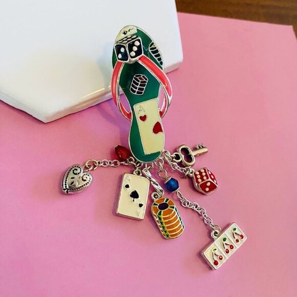 Lucky Charm Flip Flop Enamel Pin With Silver Tone Dangling Charms Playing Cards - Picture 2 of 5